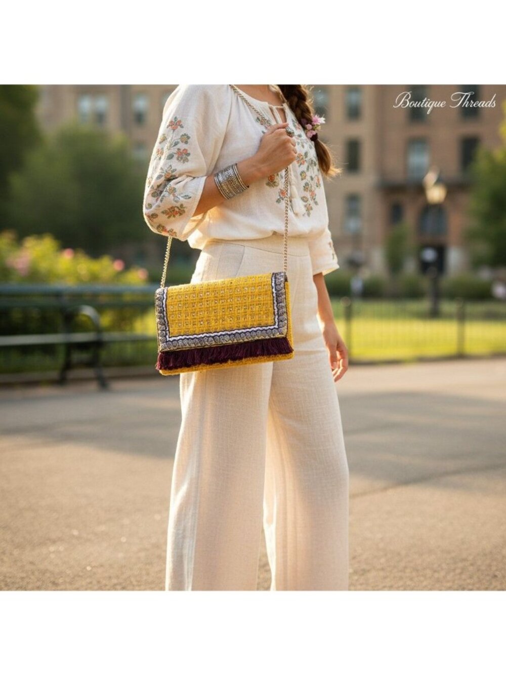 Yellow Handwoven Clutch Gold Chain Embellished Fringe Boho-Chic Artisan Glam